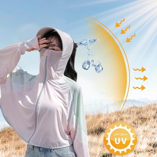 PALAY® Woman Sun Protection Hoodie Jacket Lightweight UPE50+ Sun Blocking Coat with Pocket Long Sleeve Shirt Hiking Outdoor with Face Mask, Pink 3 PCS PALAY® Woman Sun Protection Hoodie Jacket Lightweight UPE50+ Sun Blocking Coat with Pocket Long Sleeve Shirt Hiking Outdoor with Face Mask, Pink 3 PCS